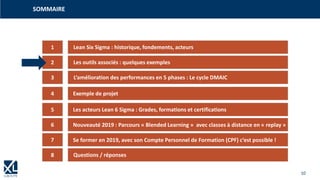10
SOMMAIRE
1
3
4
5
2
6
7
Lean Six Sigma : historique, fondements, acteurs
Les outils associés : quelques exemples
L‘amélioration des performances en 5 phases : Le cycle DMAIC
Exemple de projet
Les acteurs Lean 6 Sigma : Grades, formations et certifications
Nouveauté 2019 : Parcours « Blended Learning » avec classes à distance en « replay »
Se former en 2019, avec son Compte Personnel de Formation (CPF) c‘est possible !
8 Questions / réponses
 