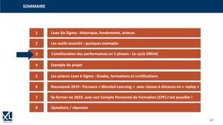 17
SOMMAIRE
1
3
4
5
2
6
7
Lean Six Sigma : historique, fondements, acteurs
Les outils associés : quelques exemples
L‘amélioration des performances en 5 phases : Le cycle DMAIC
Exemple de projet
Les acteurs Lean 6 Sigma : Grades, formations et certifications
Nouveauté 2019 : Parcours « Blended Learning » avec classes à distance en « replay »
Se former en 2019, avec son Compte Personnel de Formation (CPF) c‘est possible !
8 Questions / réponses
 