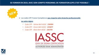 32
➢ Les codes CPF France Compétence peu importe votre branche professionnelle
ou votre région
• Code CPF - Yellow Belt IASSC : 236904
• Code CPF - Green Belt IASSC : 235877
• Code CPF - Black Belt IASSC : 236709
SE FORMER EN 2019, AVEC SON COMPTE PERSONNEL DE FORMATION (CPF) C‘EST POSSIBLE !
 
