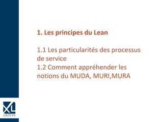 1. Les principes du Lean
1.1 Les particularités des processus
de service
1.2 Comment appréhender les
notions du MUDA, MURI,MURA
 