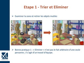 Etape 1 - Trier et Eliminer
 Examiner la zone et retirer les objets inutiles
 Bonne pratique 1 : « Eliminer » n’est pas le fait arbitraire d’une seule
personne ; il s’agit d’un travail d’équipe.
 