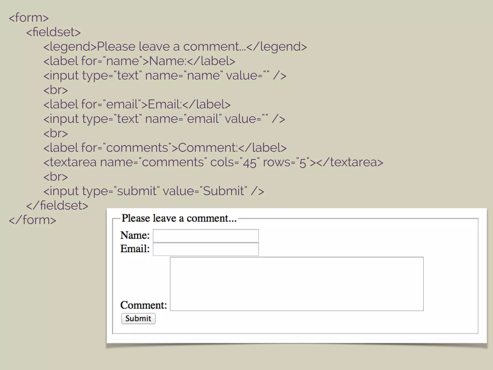 <form>
<ﬁeldset>
<legend>Please leave a comment...</legend>
<label for="name">Name:</label>
<input type="text" name="name" value="" />
<br>
<label for="email">Email:</label>
<input type="text" name="email" value="" />
<br>
<label for="comments">Comment:</label>
<textarea name="comments" cols="45" rows="5"></textarea>
<br>
<input type="submit" value="Submit" />
</ﬁeldset>
</form>
 