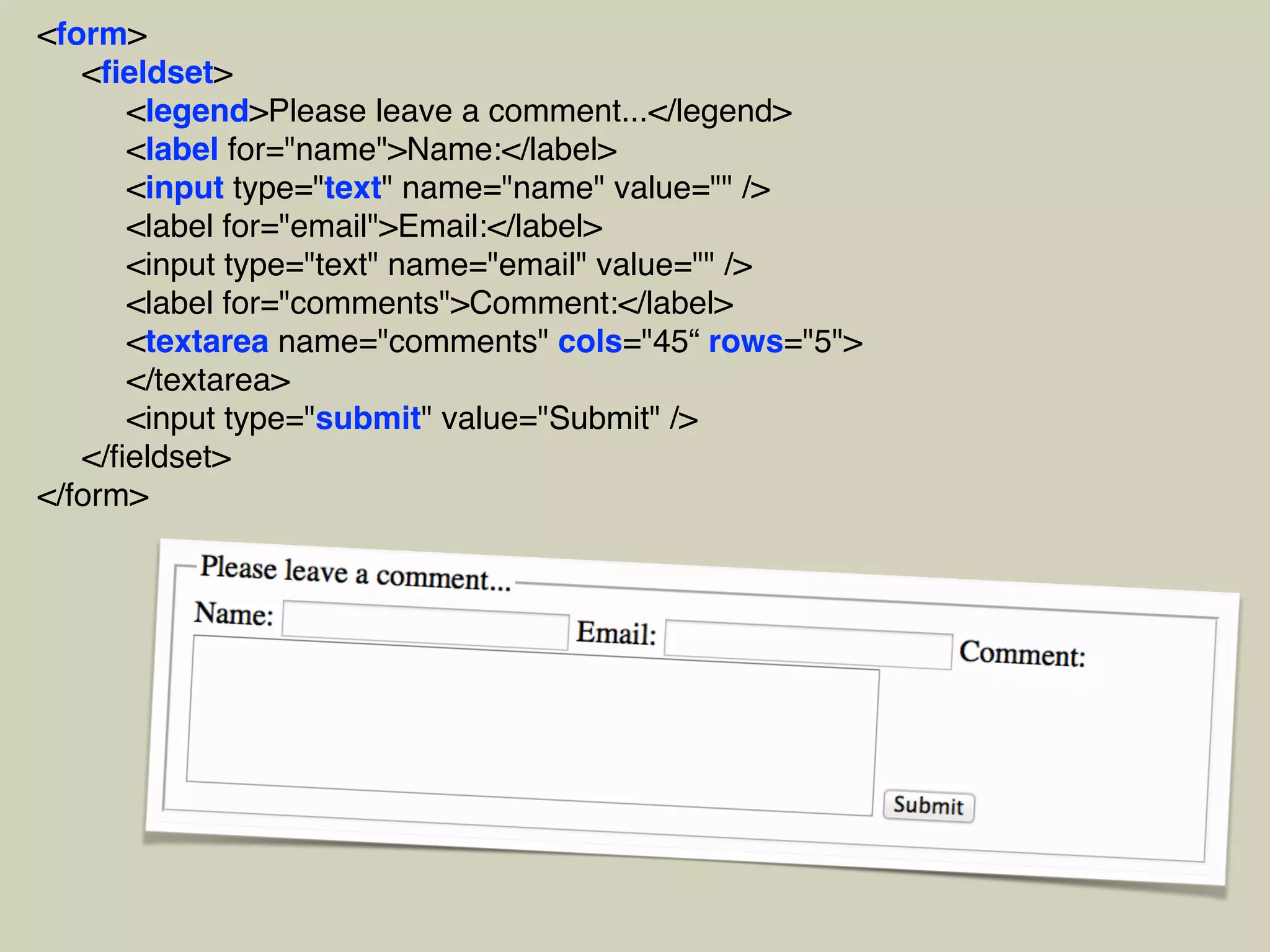 <form>
<ﬁeldset>
<legend>Please leave a comment...</legend>
<label for="name">Name:</label>
<input type="text" name="name" value="" />
<label for="email">Email:</label>
<input type="text" name="email" value="" />
<label for="comments">Comment:</label>
<textarea name="comments" cols="45“ rows="5">
</textarea>
<input type="submit" value="Submit" />
</ﬁeldset>
</form>
 