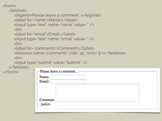 <form>
<ﬁeldset>
<legend>Please leave a comment...</legend>
<label for="name">Name:</label>
<input type="text" name="name" value="" />
<br>
<label for="email">Email:</label>
<input type="text" name="email" value="" />
<br>
<label for="comments">Comment:</label>
<textarea name="comments" cols="45" rows="5"></textarea>
<br>
<input type="submit" value="Submit" />
</ﬁeldset>
</form>
 