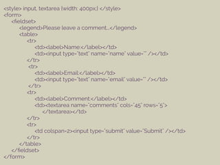 <style> input, textarea {width: 400px;} </style>
<form>
<ﬁeldset>
<legend>Please leave a comment...</legend>
<table>
<tr>
<td><label>Name:</label></td>
<td><input type="text" name="name" value="" /></td>
</tr>
<tr>
<td><label>Email:</label></td>
<td><input type="text" name="email" value="" /></td>
</tr>
<tr>
<td><label>Comment:</label></td>
<td><textarea name="comments" cols="45" rows="5">
</textarea></td>
</tr>
<tr>
<td colspan=2><input type="submit" value="Submit" /></td>
</tr>
</table>
</ﬁeldset>
</form>
 