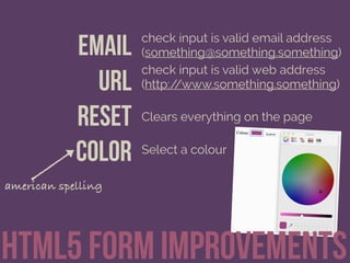 HTML5 form improvements
email
url
Reset
color
check input is valid email address
(something@something.something)
check input is valid web address
(http://www.something.something)
Clears everything on the page
Select a colour
american spelling
 