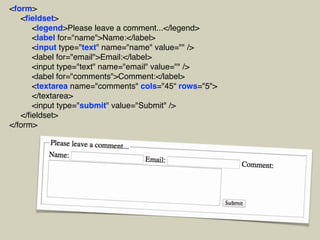 <form>
<ﬁeldset>
<legend>Please leave a comment...</legend>
<label for="name">Name:</label>
<input type="text" name="name" value="" />
<label for="email">Email:</label>
<input type="text" name="email" value="" />
<label for="comments">Comment:</label>
<textarea name="comments" cols="45“ rows="5">
</textarea>
<input type="submit" value="Submit" />
</ﬁeldset>
</form>
 