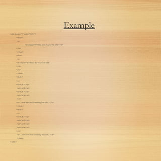 Example
<table border="1" width="100%">
<thead>
<tr>
<td colspan="4">This is the head of the table</td>
</tr>
</thead>
<tfoot>
<tr>
<td colspan="4">This is the foot of the table
</td>
</tr>
</tfoot>
<tbody>
<tr>
<td>Cell 1</td>
<td>Cell 2</td>
<td>Cell 3</td>
<td>Cell 4</td>
</tr>
<tr> ...more rows here containing four cells... </tr>
</tbody>
<tbody>
<tr>
<td>Cell 1</td>
<td>Cell 2</td>
<td>Cell 3</td>
<td>Cell 4</td>
</tr>
<tr> ...more rows here containing four cells... </tr>
</tbody>
</table>
 