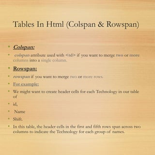 Tables In Html (Colspan & Rowspan)
• Colspan:
•  colspan attribute used with <td> if you want to merge two or more
columns into a single column.
• Rowspan:
• rowspan if you want to merge two or more rows.
• For example:
• We might want to create header cells for each Technology in our table
of
• id,
• Name
• Shift.
• In this table, the header cells in the first and fifth rows span across two
columns to indicate the Technology for each group of names.
 
