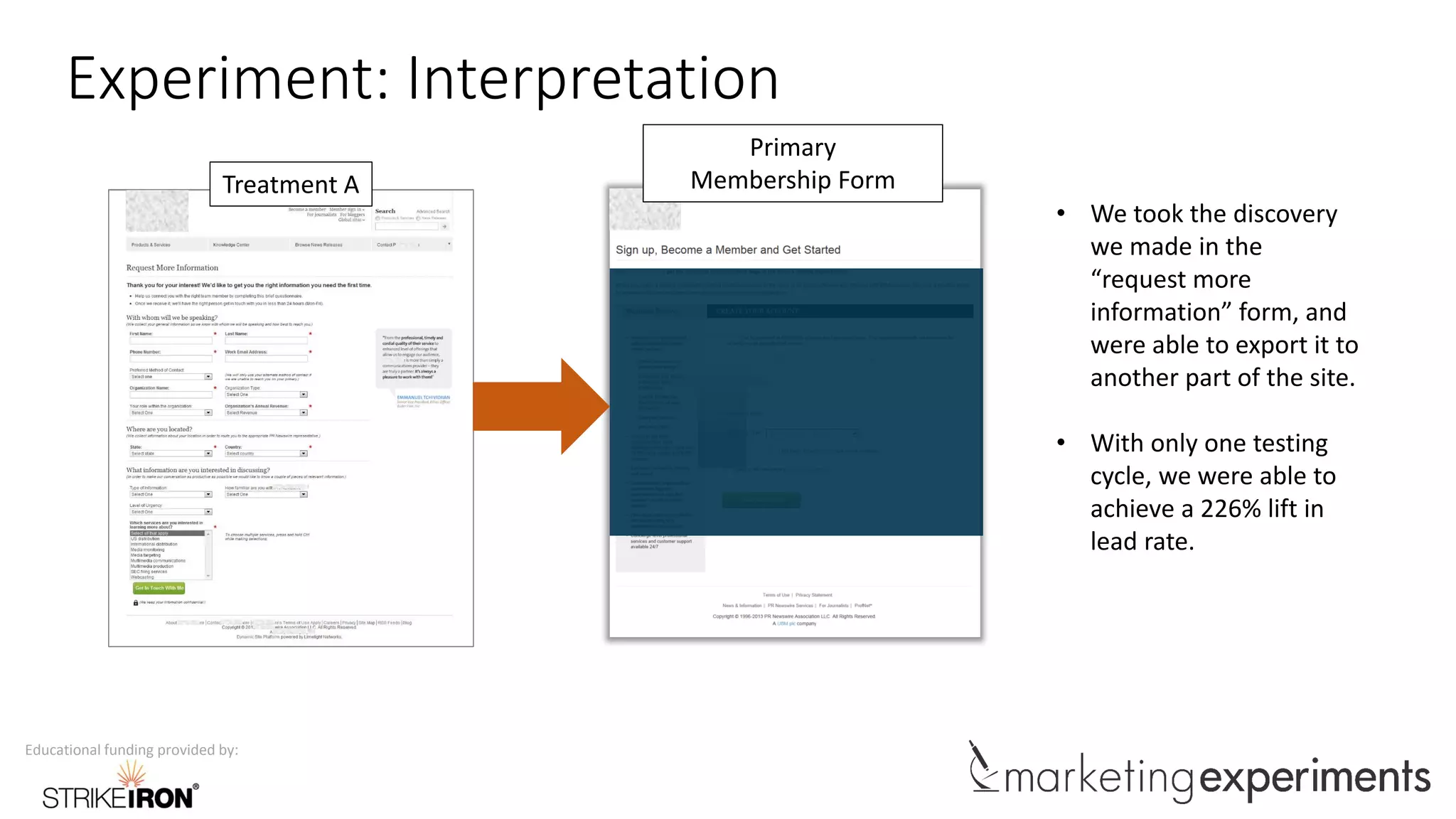 Educational funding provided by:
Treatment A
Experiment: Interpretation
226%
In Lead Rate
• We took the discovery
we made in the
“request more
information” form, and
were able to export it to
another part of the site.
• With only one testing
cycle, we were able to
achieve a 226% lift in
lead rate.
Primary
Membership Form
 