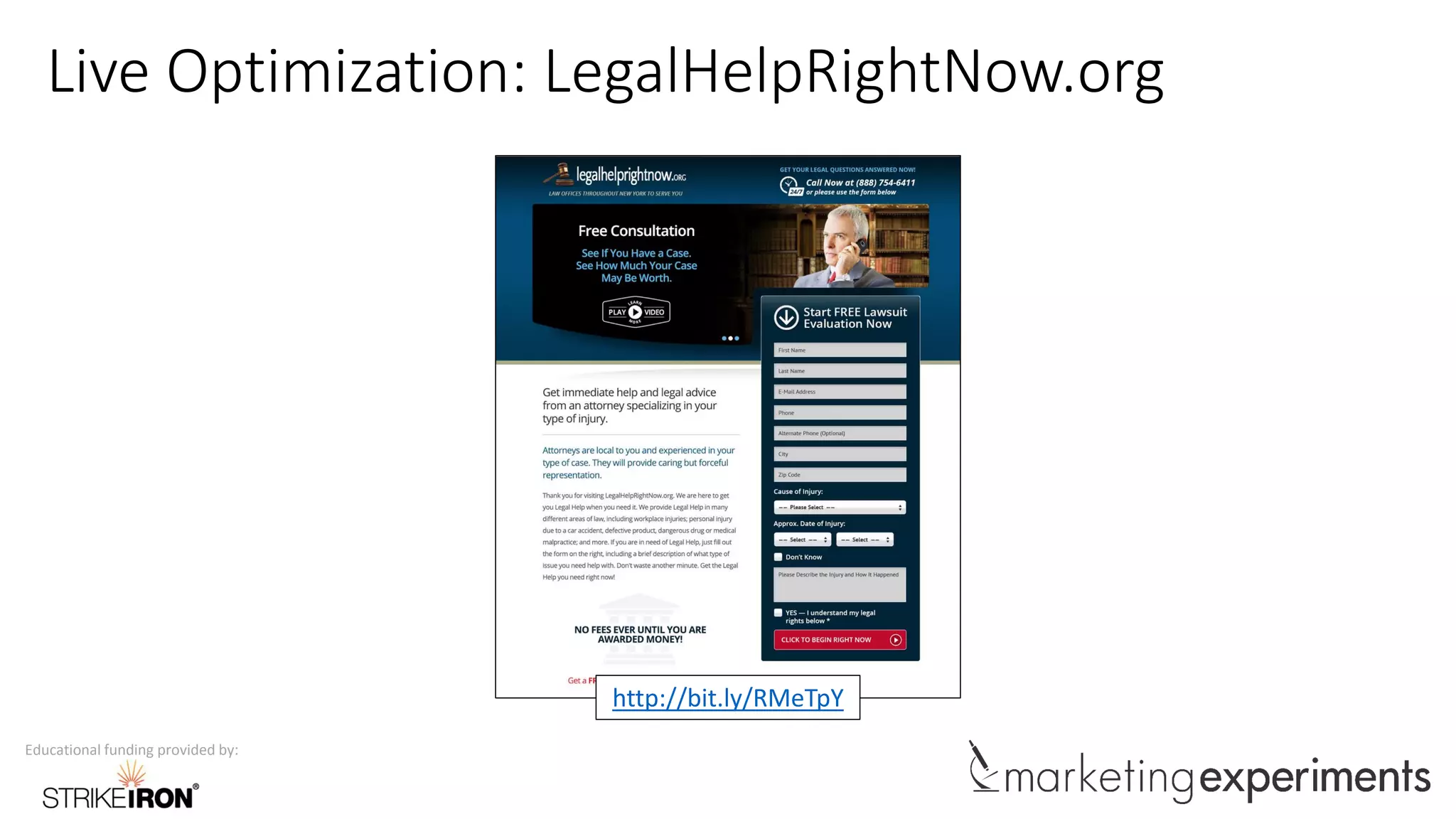 Educational funding provided by:
Live Optimization: LegalHelpRightNow.org
http://bit.ly/RMeTpY
 
