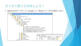 さっそく使ってみましょう！
 SQLServerのデータベース「sample」に「Books」テーブルを追加しておく
4
 