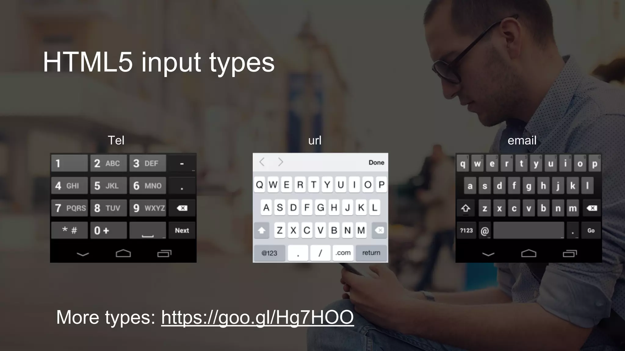 HTML5 input types
url emailTel
More types: https://goo.gl/Hg7HOO
 