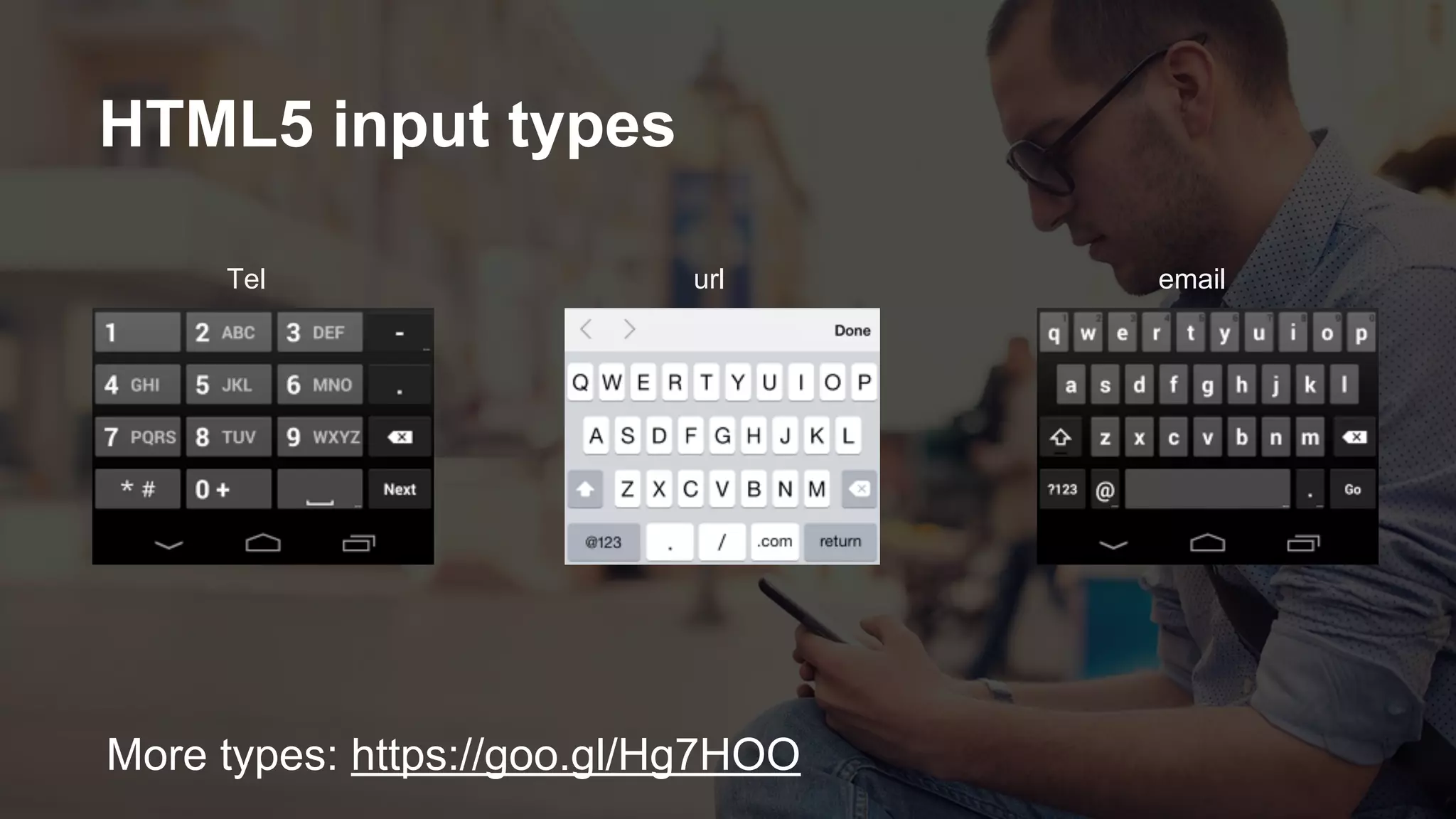 HTML5 input types
url emailTel
More types: https://goo.gl/Hg7HOO
 