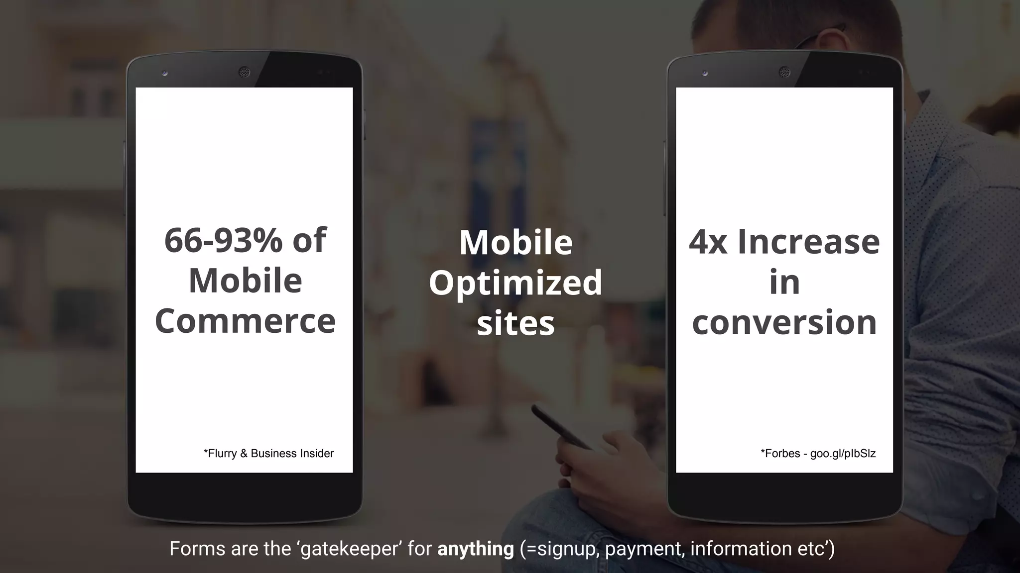 4x Increase
in
conversion
66-93% of
Mobile
Commerce
Mobile
Optimized
sites
*Flurry & Business Insider *Forbes - goo.gl/pIbSlz
Forms are the ‘gatekeeper’ for anything (=signup, payment, information etc’)
 