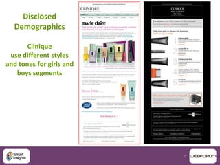 17
Disclosed
Demographics
Clinique
use different styles
and tones for girls and
boys segments
 