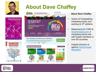 2
About Dave Chaffey
About Dave Chaffey
• Author of 5 bestselling
marketing books now
working on 5th editions
• Responsive for CXM at
SmartInsights.com a
marketing advice site
with Expert members in
over 50 countries
• Insights Director at
agency ClickThrough
Marketing
 