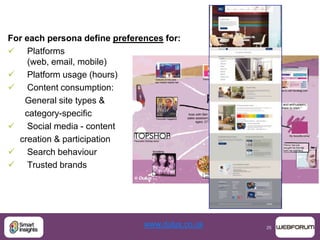 25
For each persona define preferences for:
 Platforms
(web, email, mobile)
 Platform usage (hours)
 Content consumption:
General site types &
category-specific
 Social media - content
creation & participation
 Search behaviour
 Trusted brands
www.dulux.co.uk
 