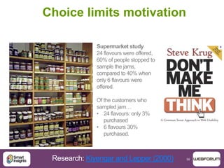 56
Choice limits motivation
Research: Kiyengar and Lepper (2000)
 