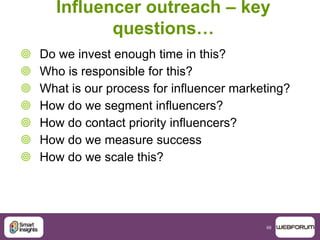 68
Influencer outreach – key
questions…
 Do we invest enough time in this?
 Who is responsible for this?
 What is our process for influencer marketing?
 How do we segment influencers?
 How do contact priority influencers?
 How do we measure success
 How do we scale this?
 