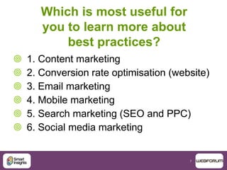 7
Which is most useful for
you to learn more about
best practices?
 1. Content marketing
 2. Conversion rate optimisation (website)
 3. Email marketing
 4. Mobile marketing
 5. Search marketing (SEO and PPC)
 6. Social media marketing
 