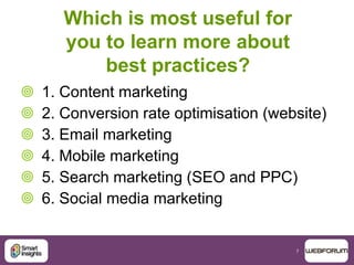 7
Which is most useful for
you to learn more about
best practices?
 1. Content marketing
 2. Conversion rate optimisatio...
