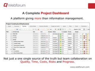 www.webforum.com
A Complete Project Dashboard
A platform giving more than information management.
Not just a one single source of the truth but team collaboration on
Quality, Time, Costs, Risks and Progress.
 