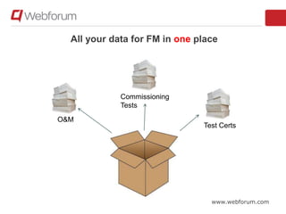 www.webforum.com
All your data for FM in one place
O&M
Commissioning
Tests
Test Certs
 