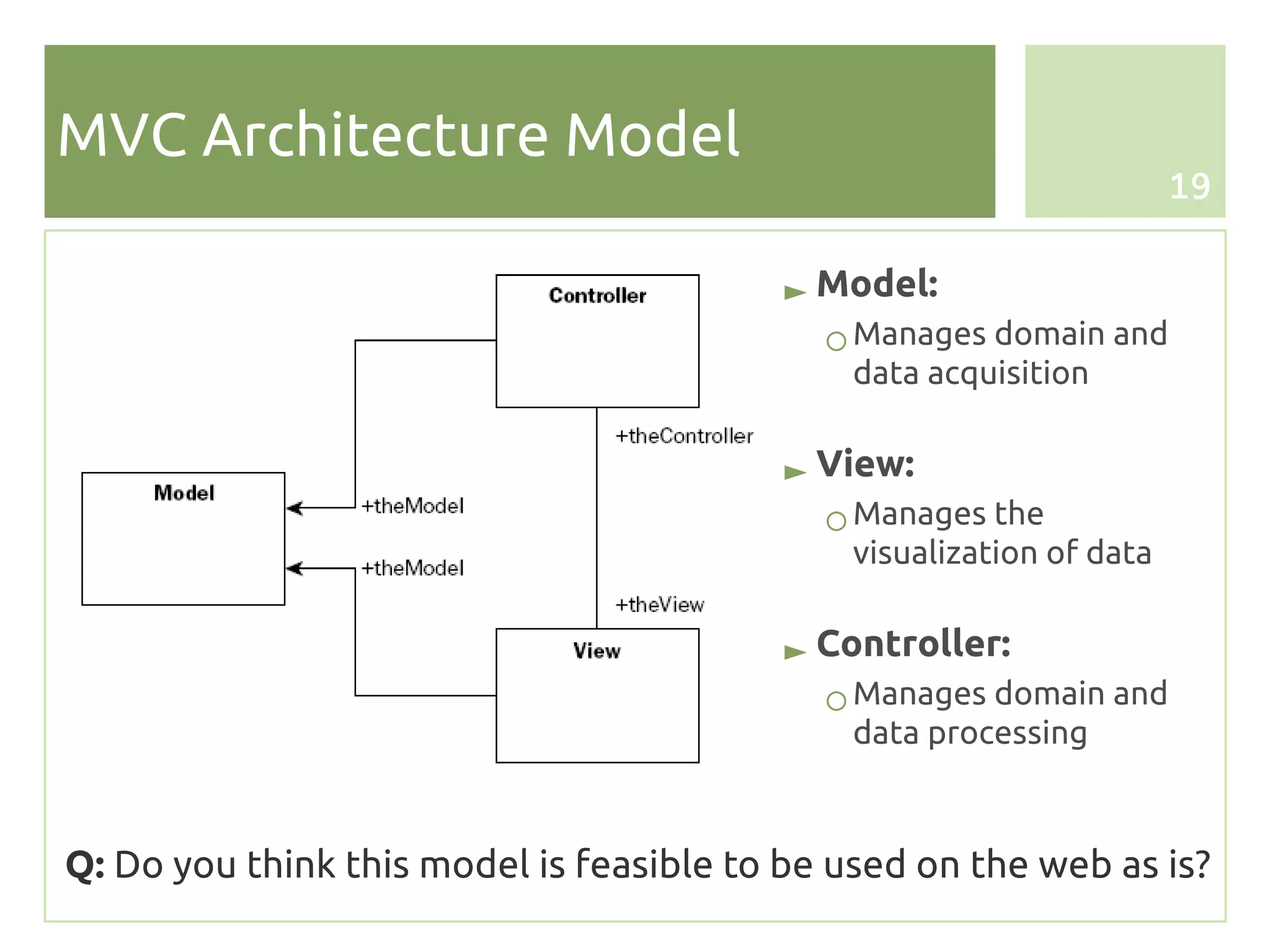 MVC Architecture Model
                                                                      19


                                          ► Model:
                                            ○ Manages domain and
                                              data acquisition


                                          ► View:
                                            ○ Manages the
                                              visualization of data


                                          ► Controller:
                                            ○ Manages domain and
                                              data processing



Q: Do you think this model is feasible to be used on the web as is?
 