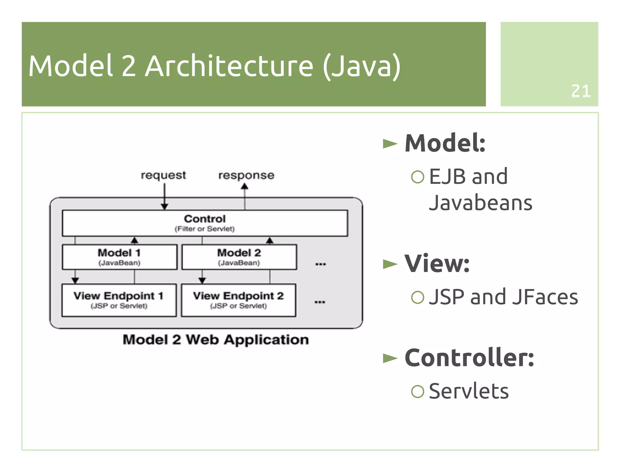 Model 2 Architecture (Java)
                                             21


                         ► Model:
                              ○ EJB and
                                Javabeans

                         ► View:
                              ○ JSP and JFaces

                         ► Controller:
                              ○ Servlets
 