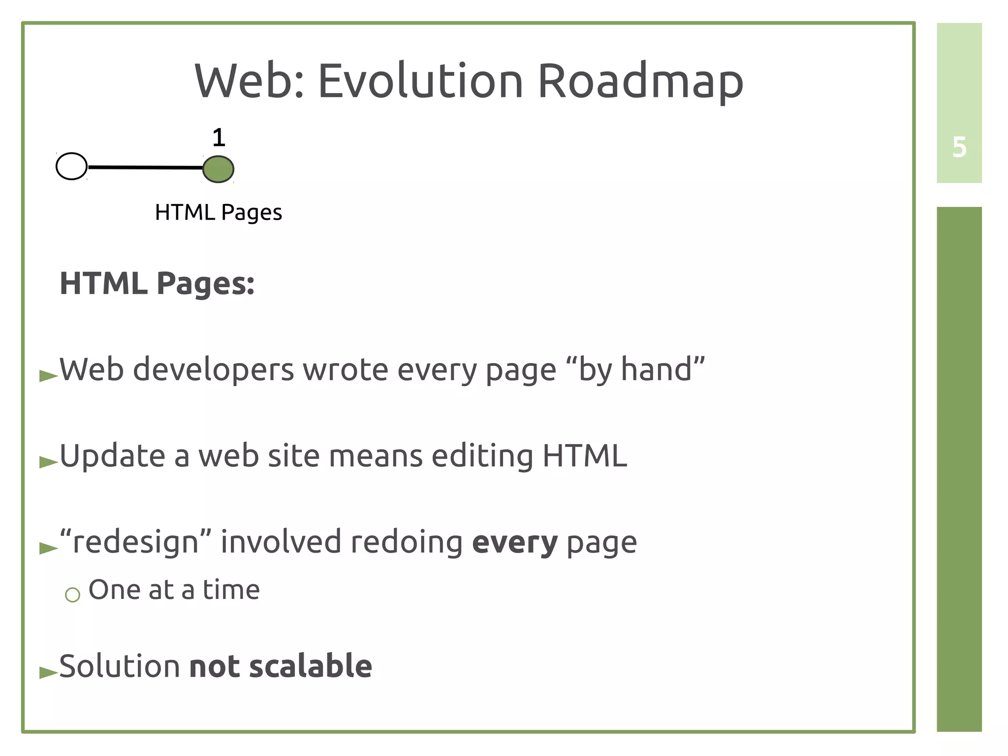 Web: Evolution Roadmap
            1                                5

       HTML Pages


 HTML Pages:

►Web developers wrote every page “by hand”

►Update a web site means editing HTML

►“redesign” involved redoing every page
 ○ One at a time


►Solution not scalable
 