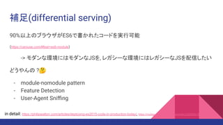 補足(differential serving)
90%以上のブラウザがES6で書かれたコードを実行可能
(https://caniuse.com/#feat=es6-module)
-> モダンな環境にはモダンなJSを, レガシーな環境にはレガシーなJSを配信したい
どうやんの ?🤔
- module-nomodule pattern
- Feature Detection
- User-Agent Sniﬃng
in detail: https://philipwalton.com/articles/deploying-es2015-code-in-production-today/, https://nodaguti.hatenablog.com/entry/2020/04/18/184251
 
