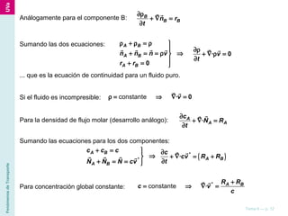 FenómenosdeTransporte
Tema 6 — p. 12
Análogamente para el componente B: B
B Bn r
t
∂ρ
+ ∇ =
∂
r r
Sumando las dos ecuaciones:
0
A B
A B
A B
n n n v
r r
ρ + ρ = ρ 

+ = = ρ ⇒
+ = 
r r r r
· 0v
t
∂ρ
+ ∇ ρ =
∂
r r
... que es la ecuación de continuidad para un fluido puro.
Si el fluido es incompresible: constante · 0vρ = ⇒ ∇ =
r r
Para la densidad de flujo molar (desarrollo análogo): ·A
A A
c
N R
t
∂
+ ∇ =
∂
rr
Sumando las ecuaciones para los dos componentes:
*
A B
A B
c c c
N N N cv
+ = 
⇒
+ = = 
r r r r ( )*
· A B
c
cv R R
t
∂
+ ∇ = +
∂
r r
Para concentración global constante: constante *
· A BR R
c v
c
+
= ⇒ ∇ =
r r
 