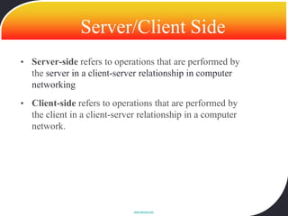 Server/Client Side
• Server-side refers to operations that are performed by
  the server in a client-server relationship in computer
  networking
• Client-side refers to operations that are performed by
  the client in a client-server relationship in a computer
  network.




                             www.devoxx.com
 