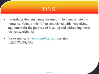 DNS
• it translates domain names meaningful to humans into the
  numerical (binary) identifiers associated with networking
  equipment for the purpose of locating and addressing these
  devices worldwide. .
• For example, www.example.com translates
  to208.77.188.166.




    8
                             www.devoxx.com
 