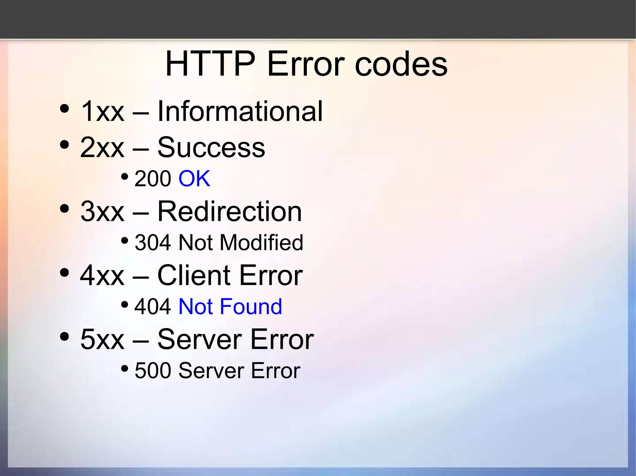 HTTP Error codes 1xx – Informational 2xx – Success 200  OK 3xx – Redirection 304 Not Modified 4xx – Client Error 404  Not Found 5xx – Server Error 500 Server Error 