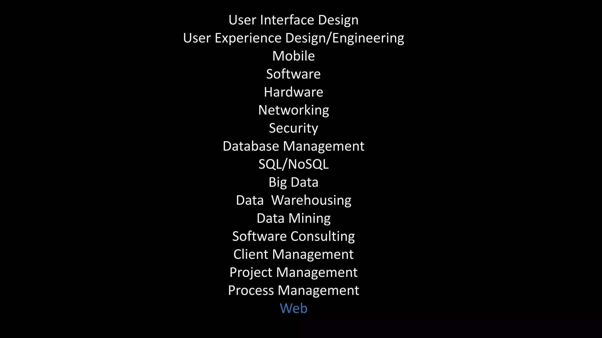 User Interface Design
User Experience Design/Engineering
Mobile
Software
Hardware
Networking
Security
Database Management
SQL/NoSQL
Big Data
Data Warehousing
Data Mining
Software Consulting
Client Management
Project Management
Process Management
Web
 