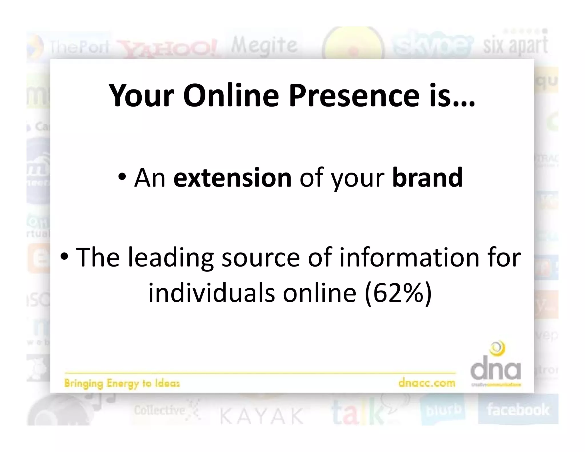 Your Online Presence is…
         O li            i

    • An extension of your brand

• The leading source of information for
  The leading source of information for 
        individuals online (62%)
 