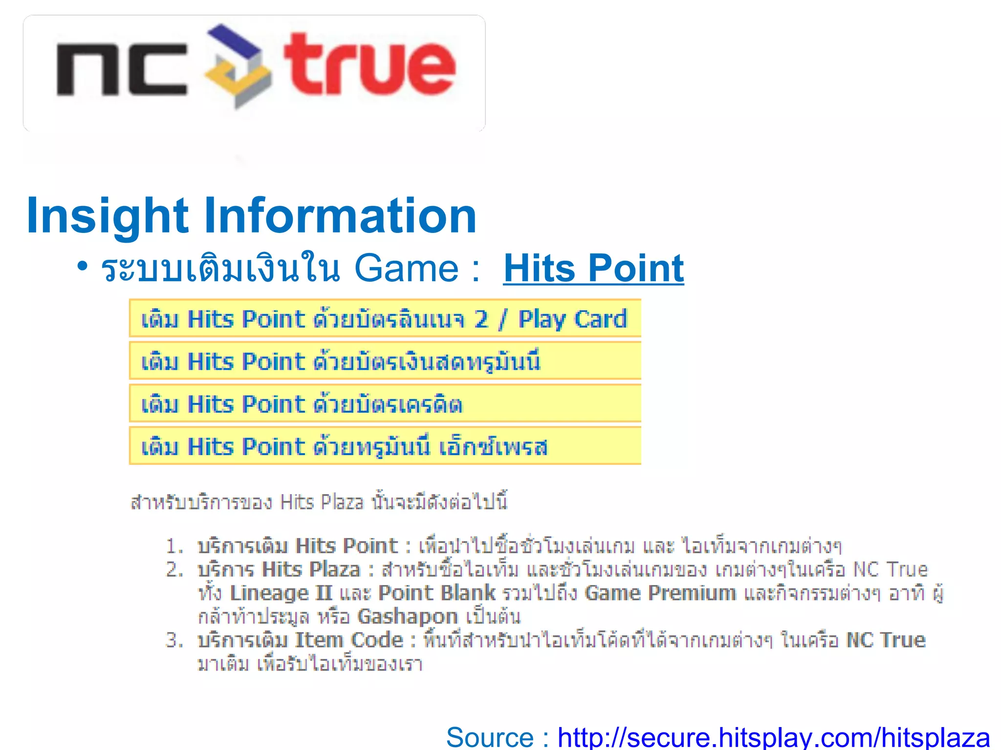 Insight Information ระบบเติมเงินใน  Game :  Hits Point Source :  http://secure.hitsplay.com/hitsplaza 