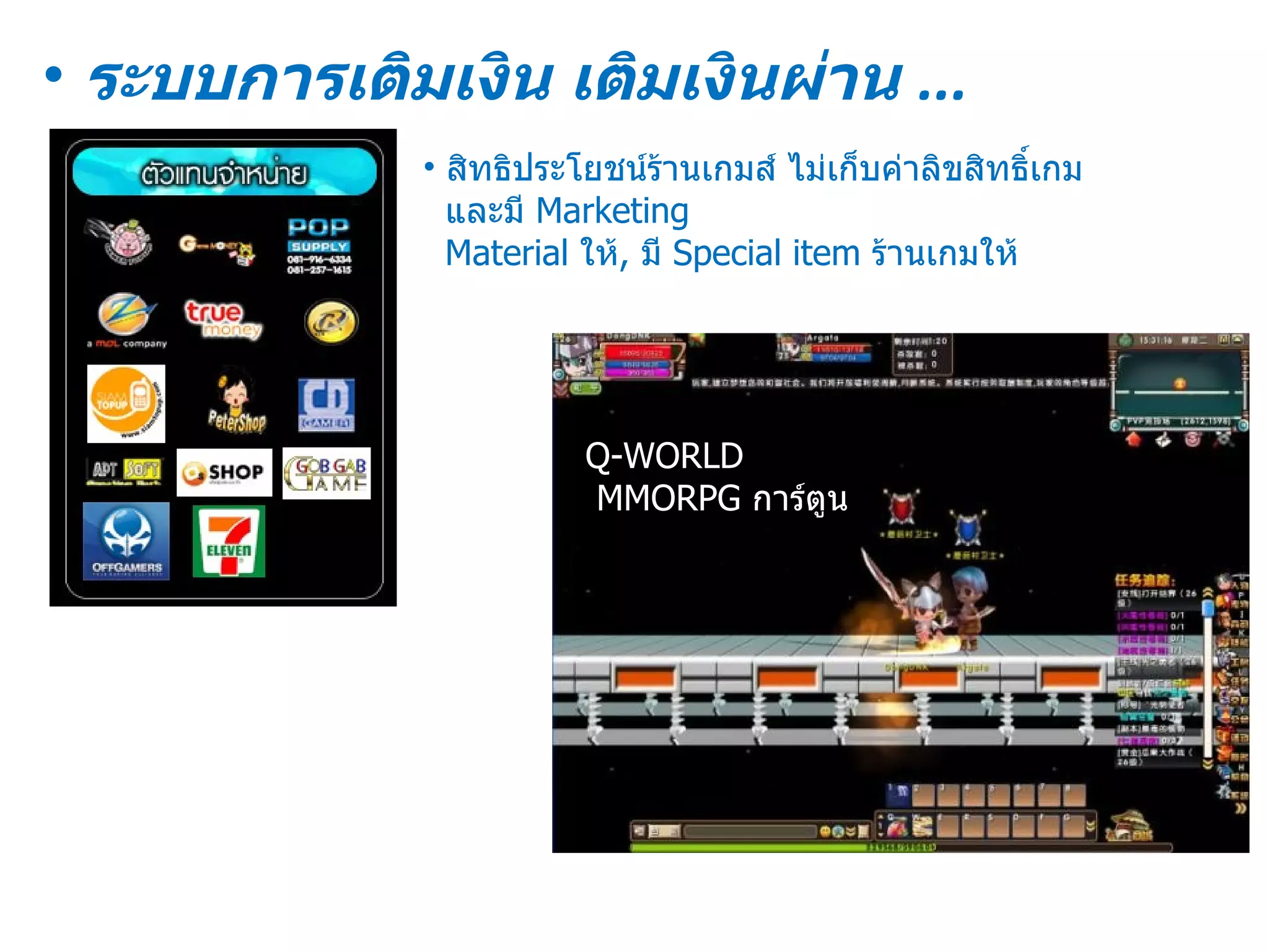 ระบบการเติมเงิน เติมเงินผ่าน  ... สิทธิประโยชน์ร้านเกมส์ ไม่เก็บค่าลิขสิทธิ์เกม และมี  Marketing Material  ให้ ,  มี  Special item  ร้านเกมให้ Q-WORLD MMORPG  การ์ตูน 