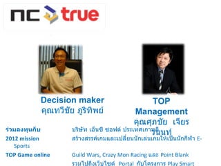 ร่วมลงทุนกับ  บริษัท เอ็นซี ซอฟต์ ประเทศเกาหลี 2012 mission  สร้างสรรค์เกมและเปลี่ยนนักเล่นเกมให้เป็นนักกีฬา  E-Sports  TOP Game online   Guild Wars, Crazy Mon Racing  และ  Point Blank  รวมไปถึงเว็บไซด์  Portal  กับโครงการ  Play Smart  โครงการเล่นเกมอย่างฉลาด TOP Management คุณศุภชัย  เจียรวนนท์ Decision maker คุณทวีชัย ภูริทิพย์ 