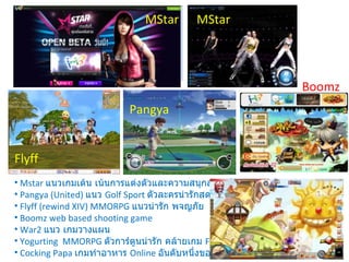 Mstar  แนวเกมเต้น เน้นการแต่งตัวและความสนุกสนานในการเต้นรำ Pangya (United)  แนว  Golf Sport  ตัวละครน่ารักสดใส Flyff (rewind XIV) MMORPG  แนวน่ารัก พจญภัย Boomz web based shooting game War2  แนว เกมวางแผน Yogurting  MMORPG  ตัวการ์ตูนน่ารัก คล้ายเกม  Flyff  Cocking Papa  เกมทำอาหาร  Online  อันดับหนึ่งของไทย Flyff Pangya MStar MStar Boomz 