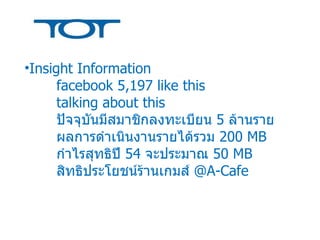 Insight Information facebook  5,197  like this  talking about this ปัจจุบันมีสมาชิกลงทะเบียน  5  ล้านราย ผลการดำเนินงานรายได้รวม  200  MB กำไรสุทธิปี  54  จะประมาณ  50  MB สิทธิประโยชน์ร้านเกมส์  @A-Cafe 