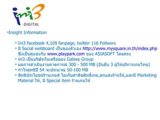 Insight Information Ini3 facebook 4,109 fanpage, twitter 116 Follwers มี  Social webboard  เป็นของตัวเอง  http://www.mysquare.in.th/index.php   ซึ่งเป็นคู่แข่งกับ  www.playpark.com   ของ  ASIASOFT  โดยตรง ini3  เป็นบริษัทในเครือของ  Galaxy Group  ผลการดำเนินงานคาดการณ์   300 - 500 MB ( อันดับ  3  ผู้ให้บริการเกมไทย ) กำไรสุทธิปี  54  จะประมาณ  50-100 MB สิทธิประโยชน์ร้านเกมส์ ไม่เก็บค่าลิขสิทธิ์เกม , ตกแต่งร้านให้ , และมี  Marketing Material  ให้ ,  มี  Special item  ร้านเกมให้ 