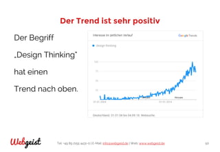 Tel: +49 89 2155 4431-0 | E-Mail: info@webgeist.de | Web: www.webgeist.deWebgeist 50
Der Trend ist sehr positiv
Der Begriff
„Design Thinking“
hat einen
Trend nach oben.
 