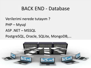 BACK END - Database
Verilerimi nerede tutayım ?
PHP – Mysql
ASP .NET – MSSQL
PostgreSQL, Oracle, SQLite, MongoDB,...
 