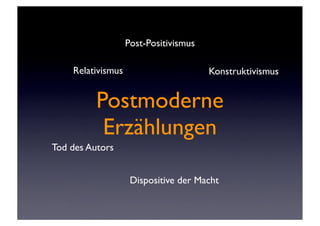 Post-Positivismus

    Relativismus                       Konstruktivismus


          Postmoderne
           Erzählungen
Tod des Autors


                    Dispositive der Macht
 