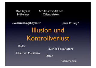 Bob Dylans       Strukturwandel der
   Mülleimer           Öffentlichkeit

„Volkszählungsboykott“              „Post Privacy“

              Illusion und
             Kontrollverlust
    Bilder
                          „Der Tod des Autors“
  Cluetrain Manifesto
                         Daten
                                    Radiotheorie
 