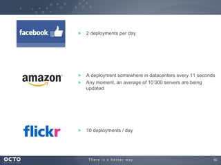 !

2 deployments per day

!
!

A deployment somewhere in datacenters every 11 seconds
Any moment, an average of 10’000 servers are being
updated

!

10 deployments / day

62
	


 