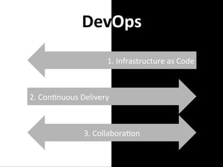 DevOps
	
  
1.	
  Infrastructure	
  as	
  Code
	
  

2.	
  Con;nuous	
  Delivery	
  

3.	
  Collabora;on
	
  

65	


65
	


 